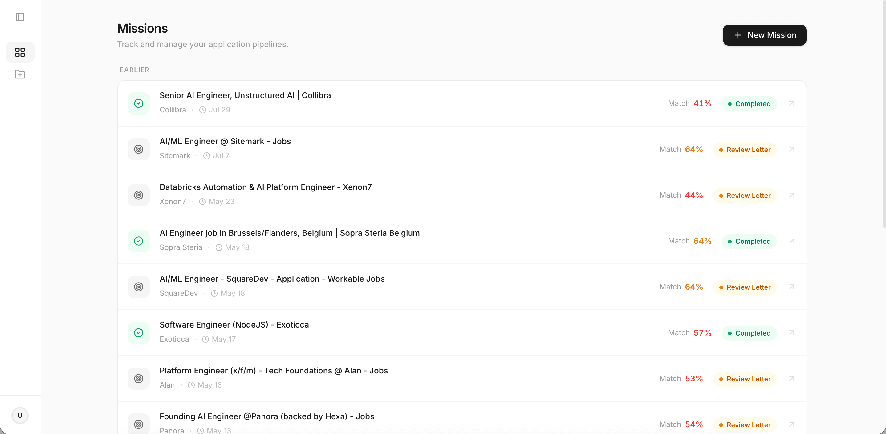 Ariadne dashboard showing missions with match scores and review status