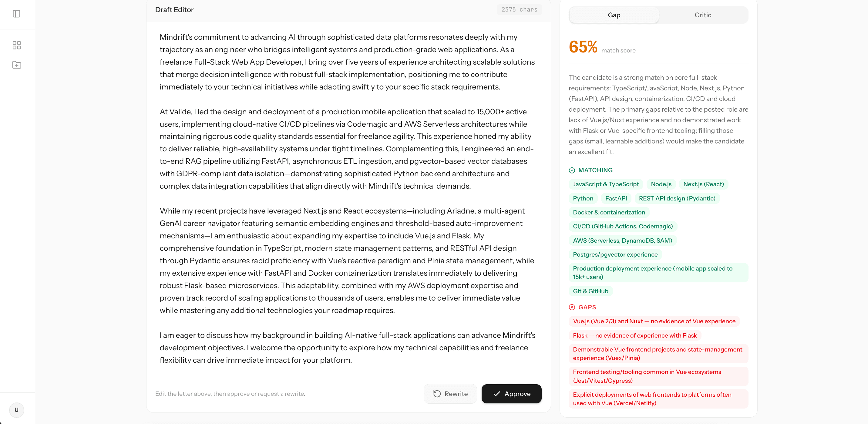 Cover letter review with gap analysis, matching skills, and approve or rewrite controls